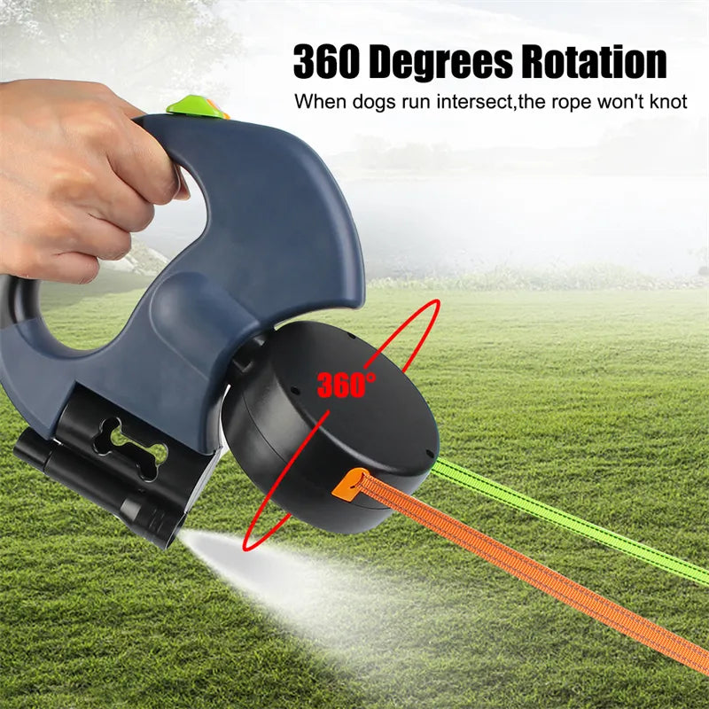 Laisse Rétractable Double pour Chiens – LED, Fils Réfléchissants 3M & Porte-Sac à Crotte