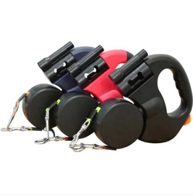 Laisse Rétractable Double pour Chiens – LED, Fils Réfléchissants 3M & Porte-Sac à Crotte