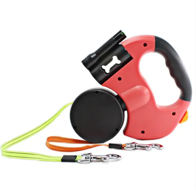 Laisse Rétractable Double pour Chiens – LED, Fils Réfléchissants 3M & Porte-Sac à Crotte