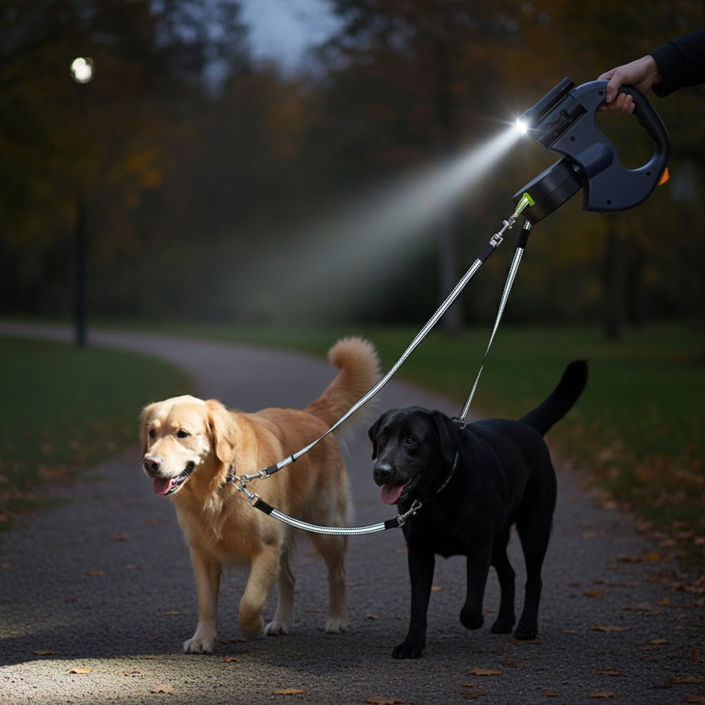 Laisse Rétractable Double pour Chien avec Lumière LED et Fils Réfléchissants