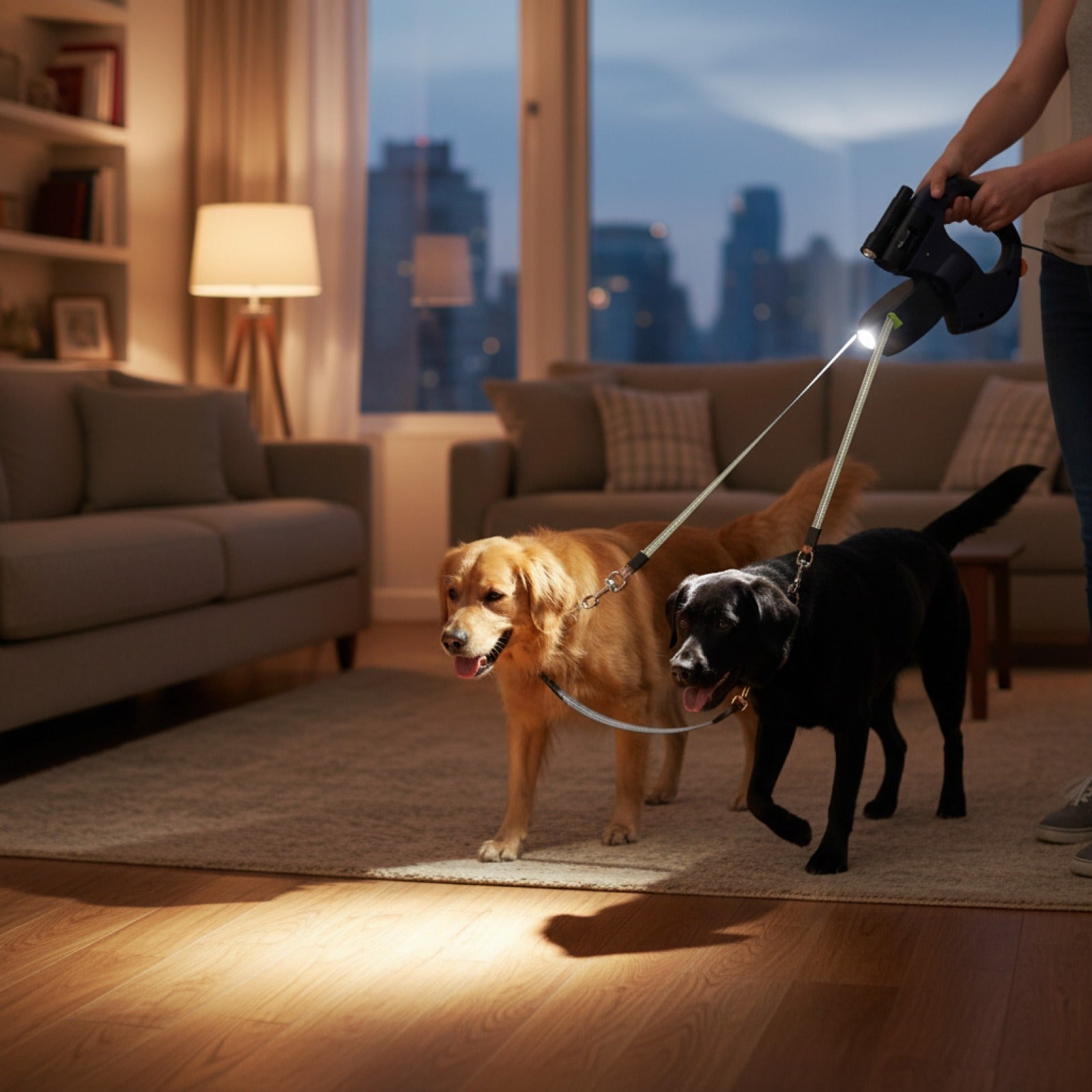 Laisse Rétractable Double pour Chien avec Lumière LED et Fils Réfléchissants